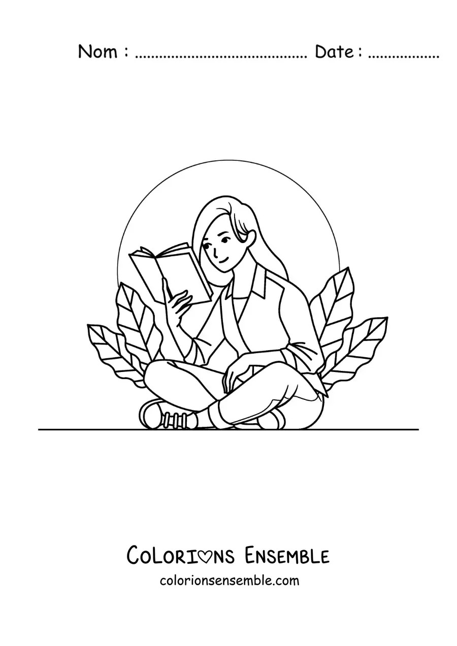 Image à colorier d’une fille assise en train de lire entourée de plantes