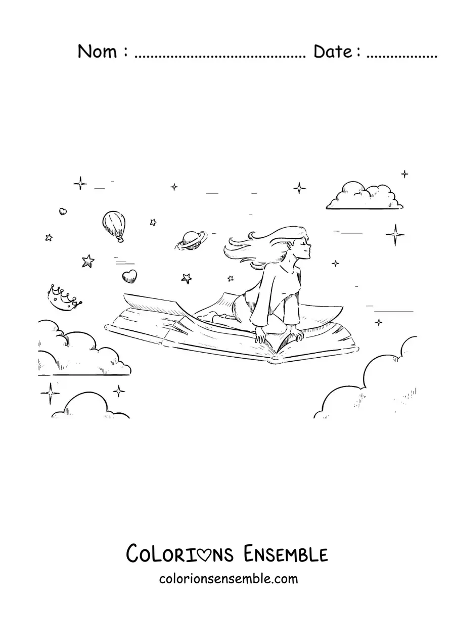 Image à colorier d’une fille volant assise sur un livre ouvert