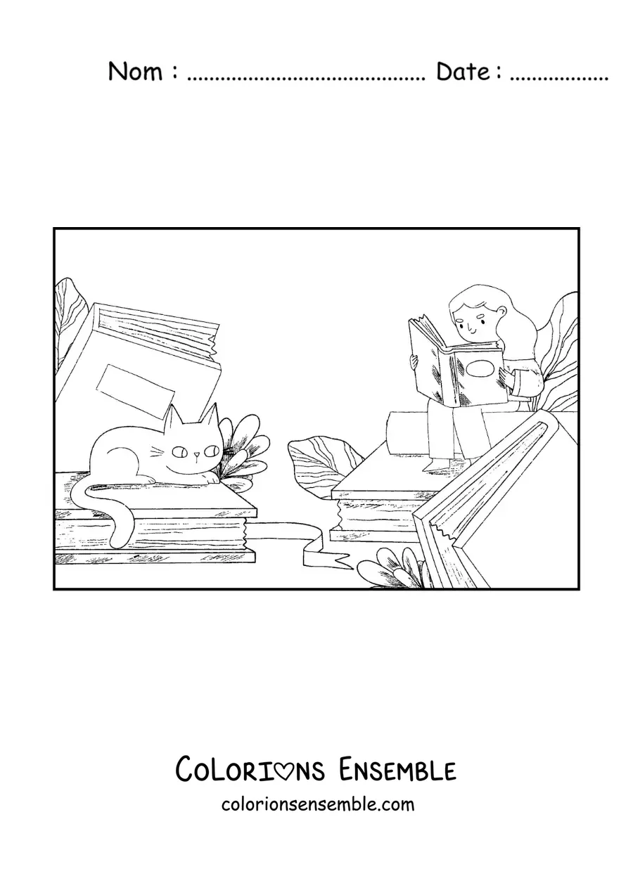 Image à colorier d’une fille assise sur des livres en train de lire à côté de son chat animé