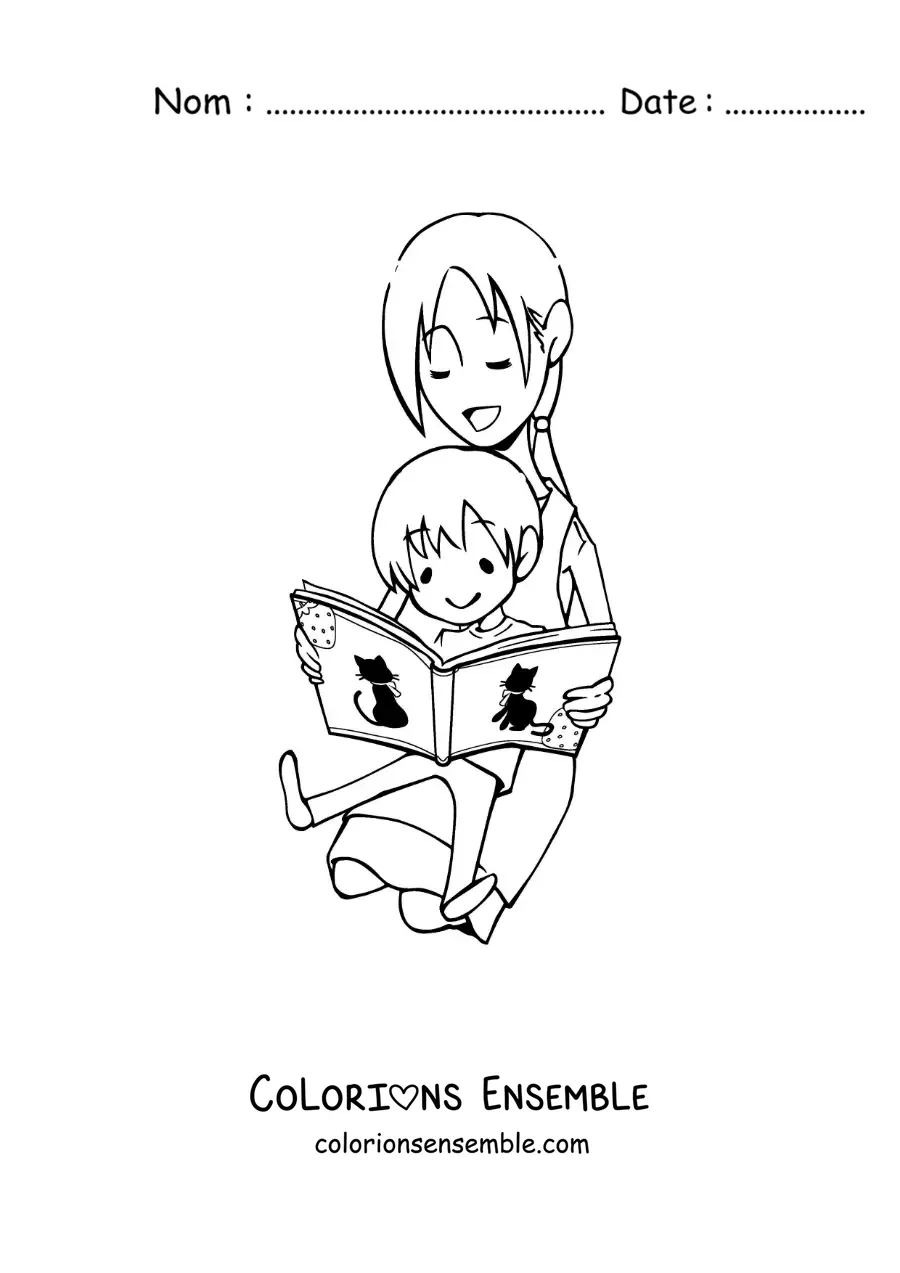Image à colorier d’une mère lisant avec son enfant assis sur ses genoux