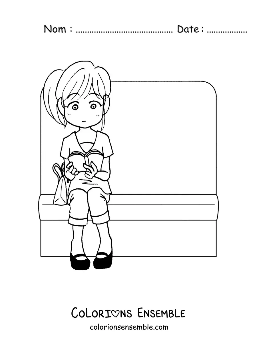 Image à colorier d’une fille assise en train de lire dans le train