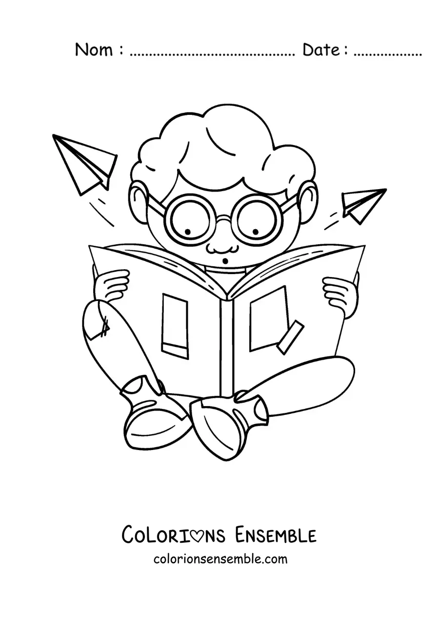 Image à colorier d’un garçon à lunettes assis en train de lire, émerveillé