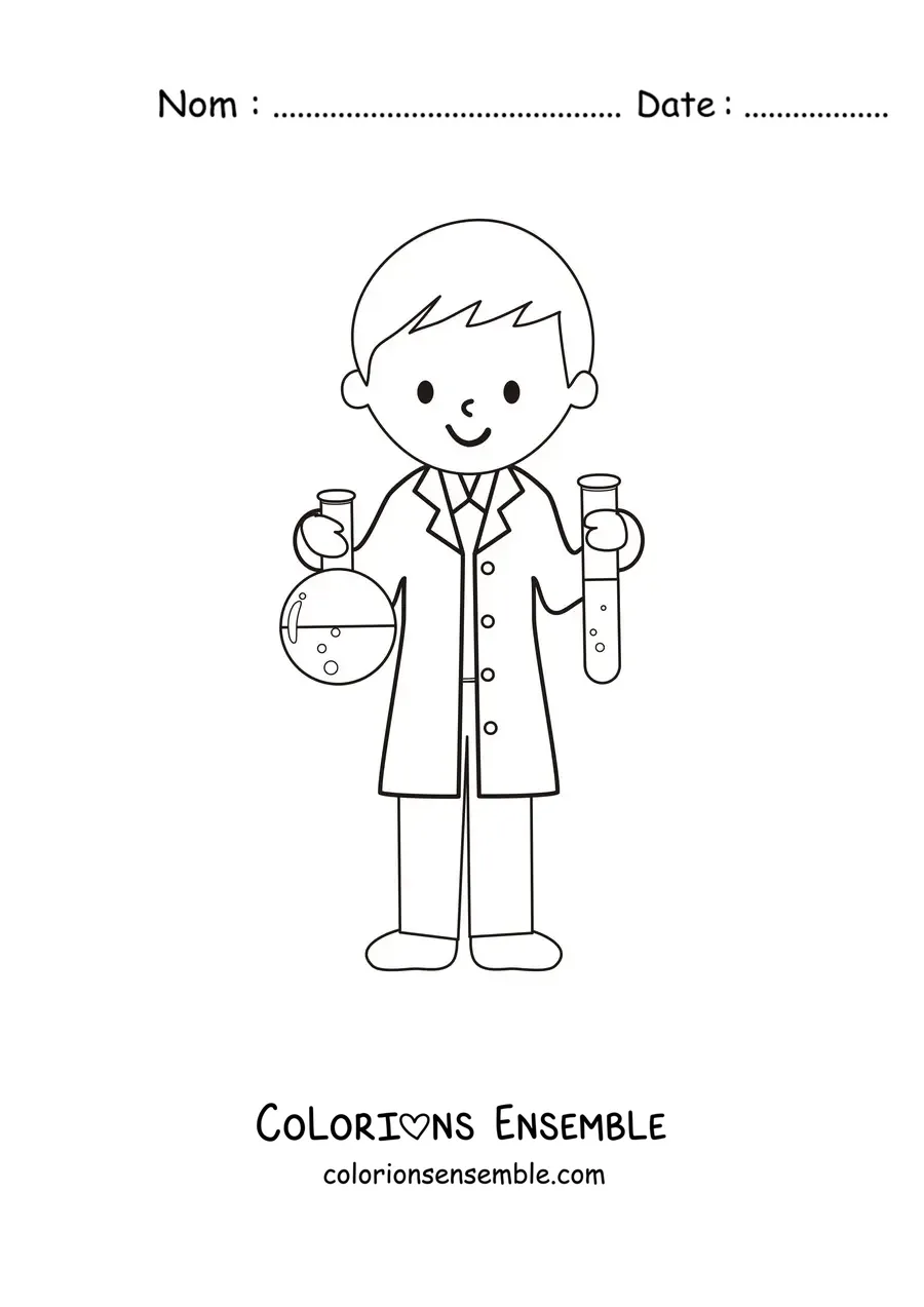 Image à colorier d'un scientifique animé avec une éprouvette et un flacon