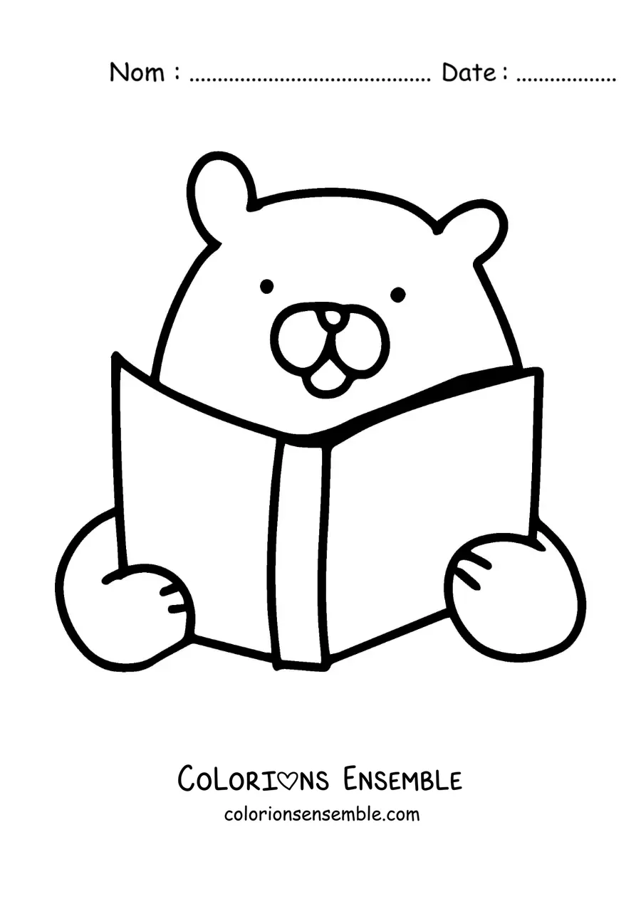 Image à colorier d’un ours mignon kawaii en train de lire