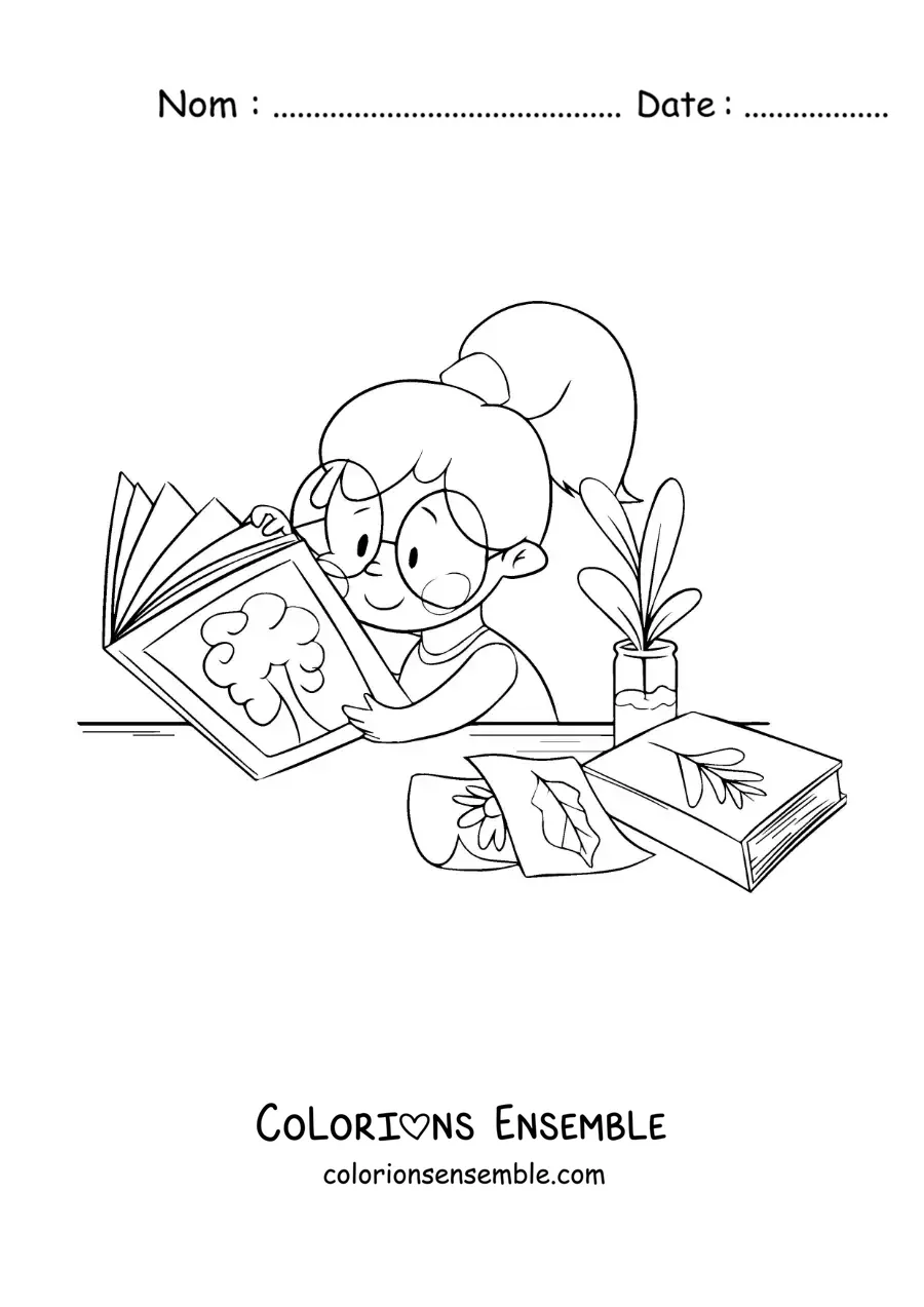 Image à colorier d’une fille lisant un livre de botanique à un bureau
