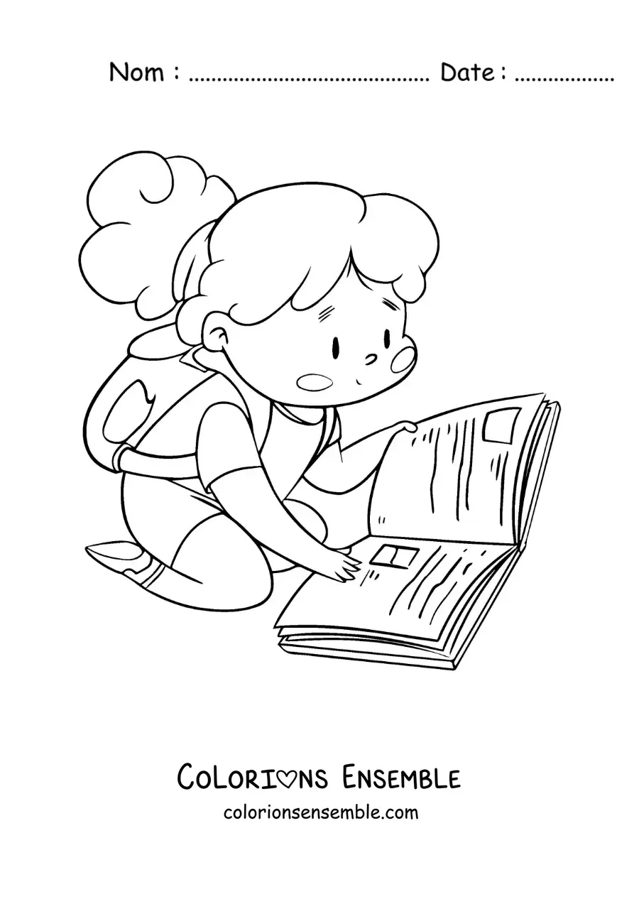 Image à colorier d’une fille avec un sac à dos lisant assise par terre
