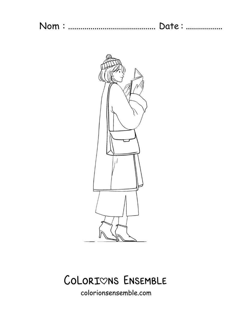 Image à colorier d’une femme en manteau lisant tout en marchant