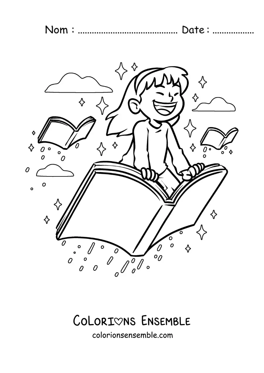 Image à colorier d’une fille heureuse volant sur un livre ouvert