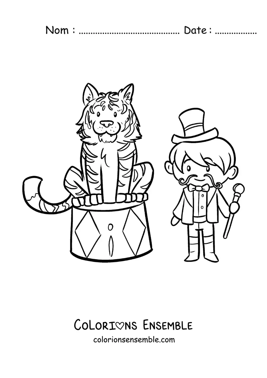 Image à colorier d’un dompteur de cirque à côté d’un tigre animé