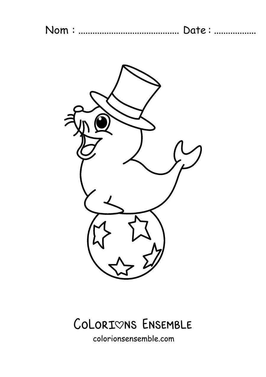 Image à colorier d’un phoque de cirque animé en équilibre sur un ballon