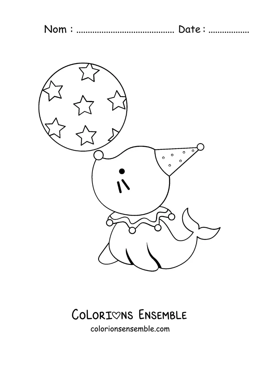Image à colorier d’un phoque de cirque kawaii en équilibre sur un ballon