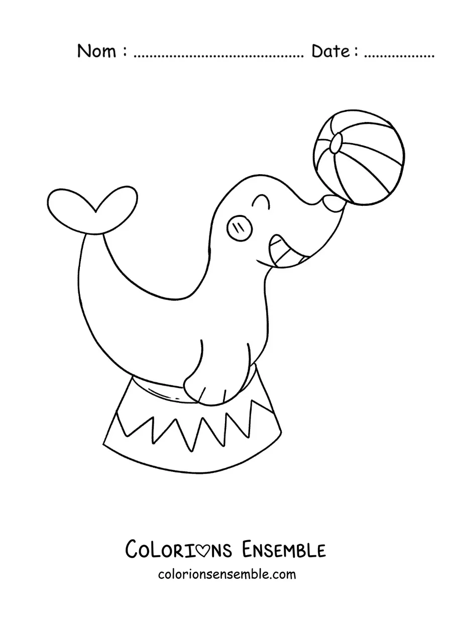 Image à colorier d’un dessin d’un phoque de cirque en équilibre sur un ballon