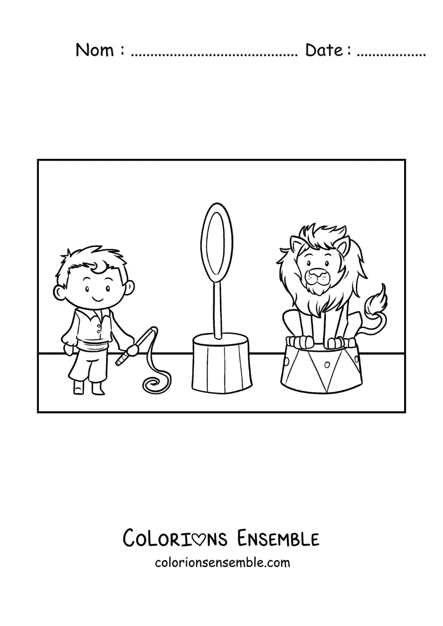 Image à colorier d’un dompteur de cirque et d’un lion animé