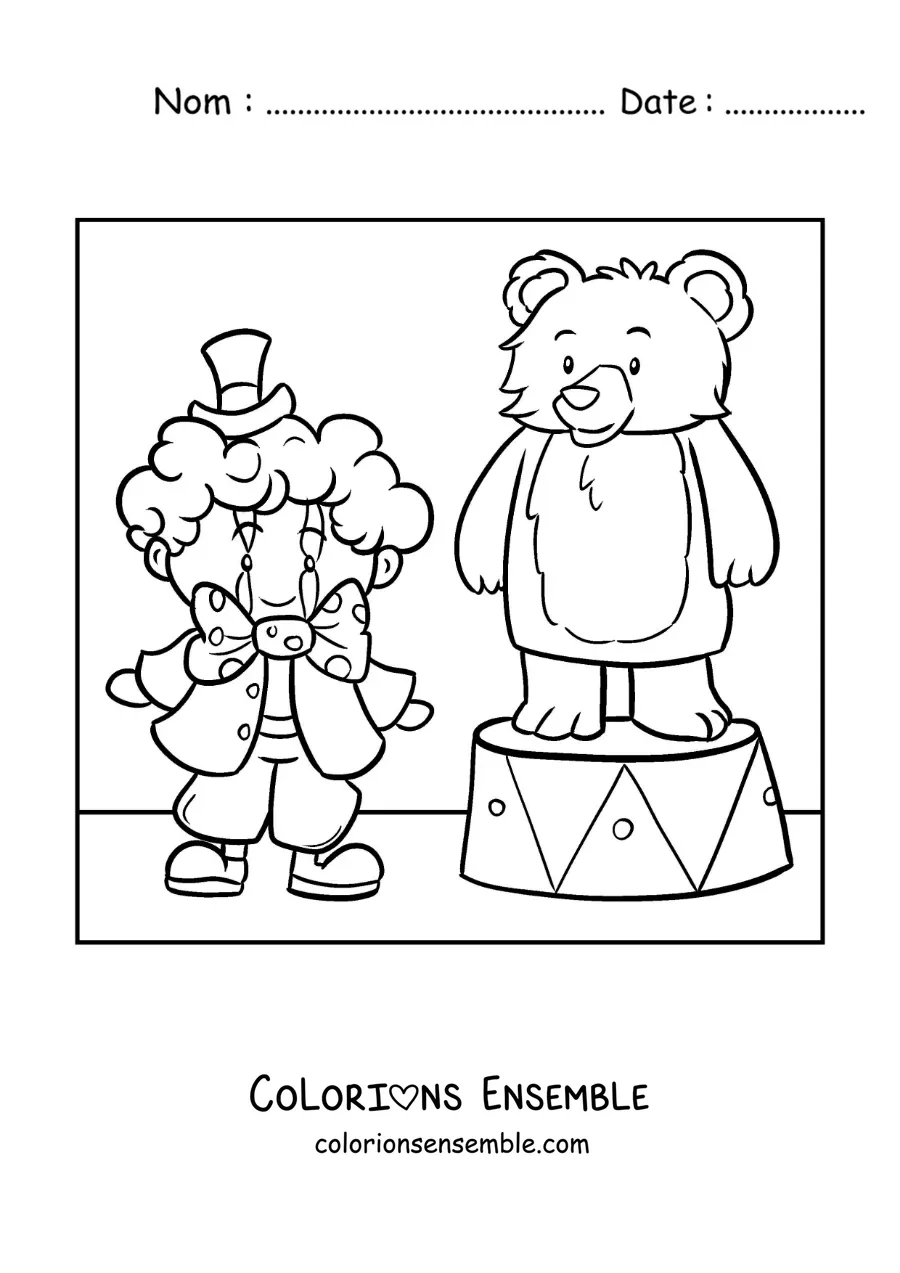 Image à colorier d’un clown de cirque et d’un ours animé