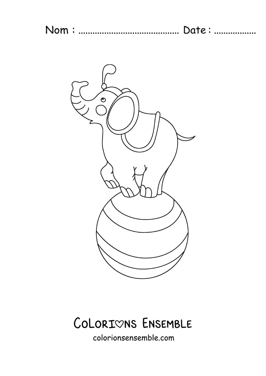 Image à colorier d’un éléphant de cirque animé en équilibre sur un ballon