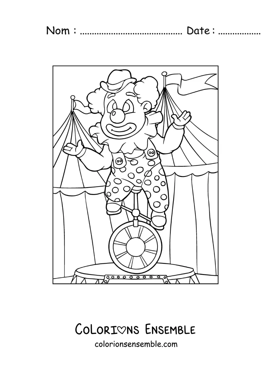 Image à colorier d’un clown sur un monocycle au cirque
