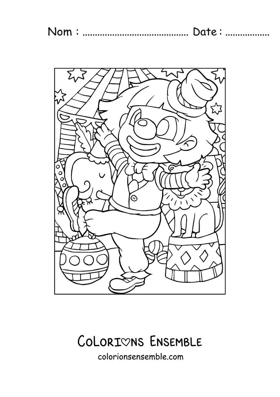 Image à colorier d’un clown à côté d’animaux de cirque