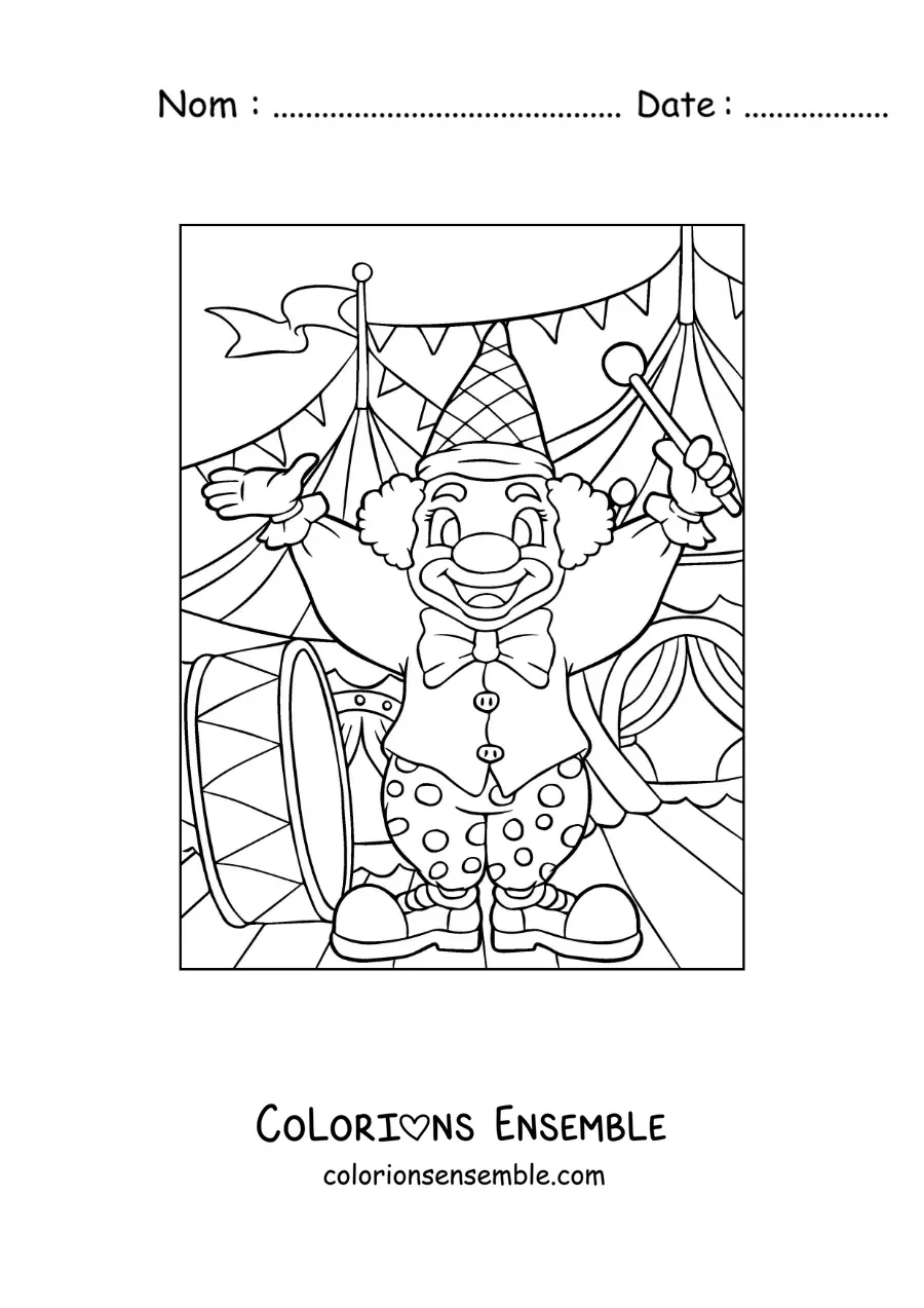 Image à colorier d’un clown jouant de la grosse caisse au cirque