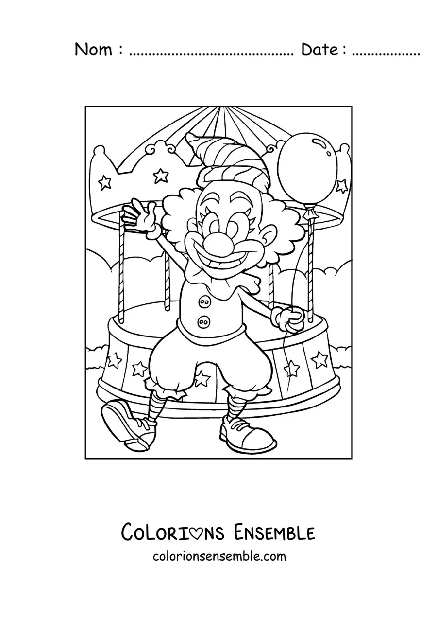 Image à colorier d’un clown avec un ballon sur un carrousel