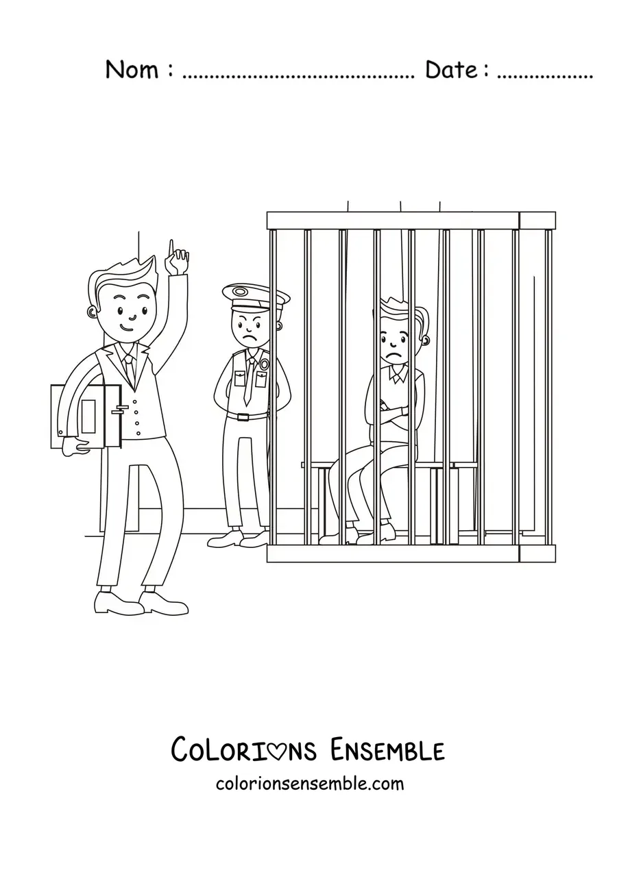 Image à colorier d'un avocat défendant un client en prison