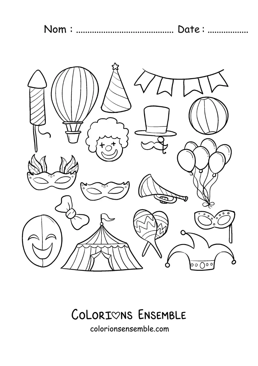 Image à colorier de masques, de chapeaux et d’accessoires de cirque