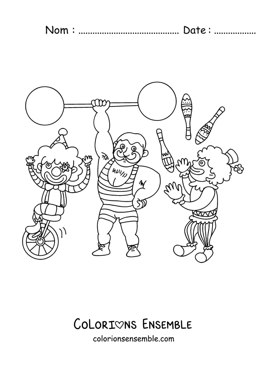 Image à colorier d’un clown, d’un homme fort et d’un jongleur de cirque