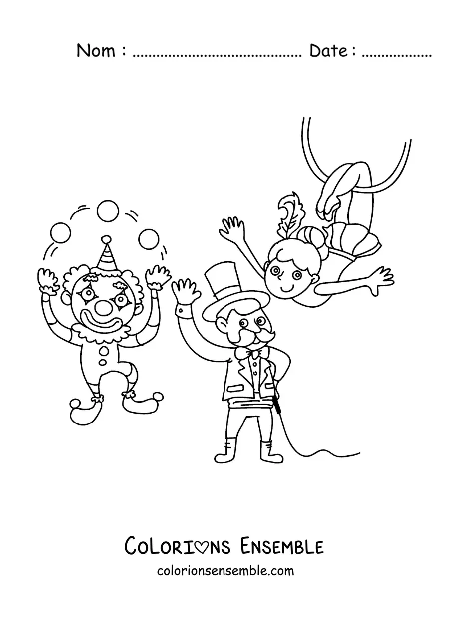 Image à colorier d’un clown jongleur, d’un magicien et d’une acrobate de cirque
