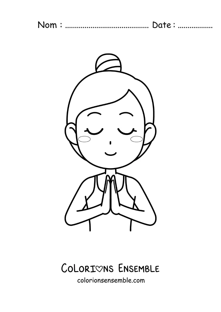 Image à colorier d’une femme méditant les mains jointes
