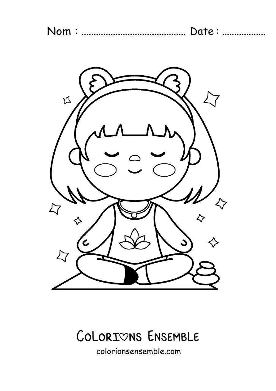 Image à colorier d’une fille kawaii animée en train de méditer