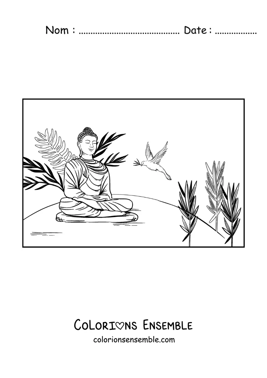Image à colorier de Bouddha assis en méditation à côté d’une colombe