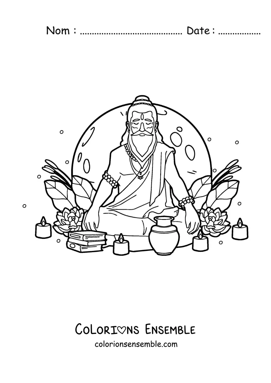 Image à colorier d’un gourou hindou assis en méditation avec des bougies
