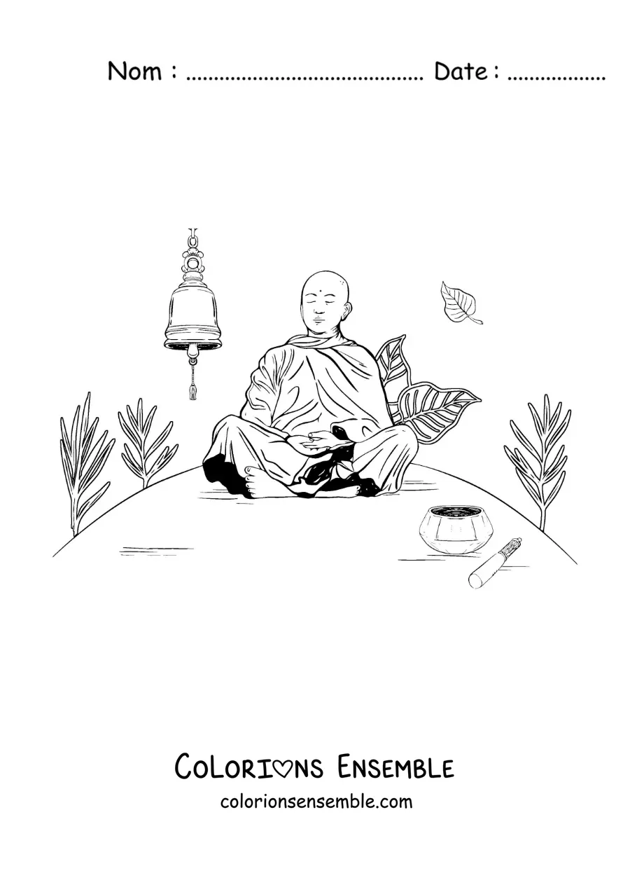 Image à colorier d’un moine bouddhiste assis en méditation à côté d’une cloche