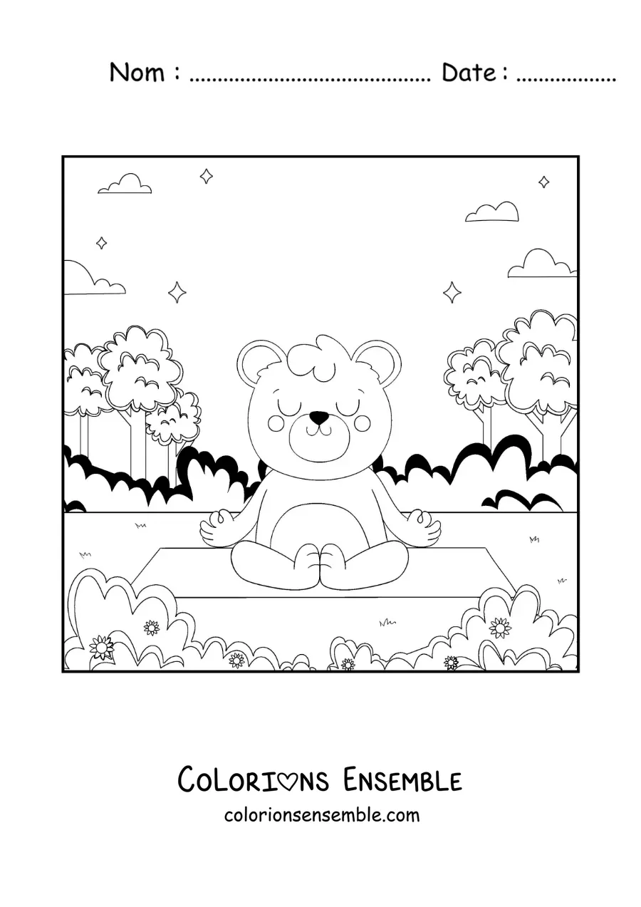 Image à colorier d’un ours animé méditant dans le parc