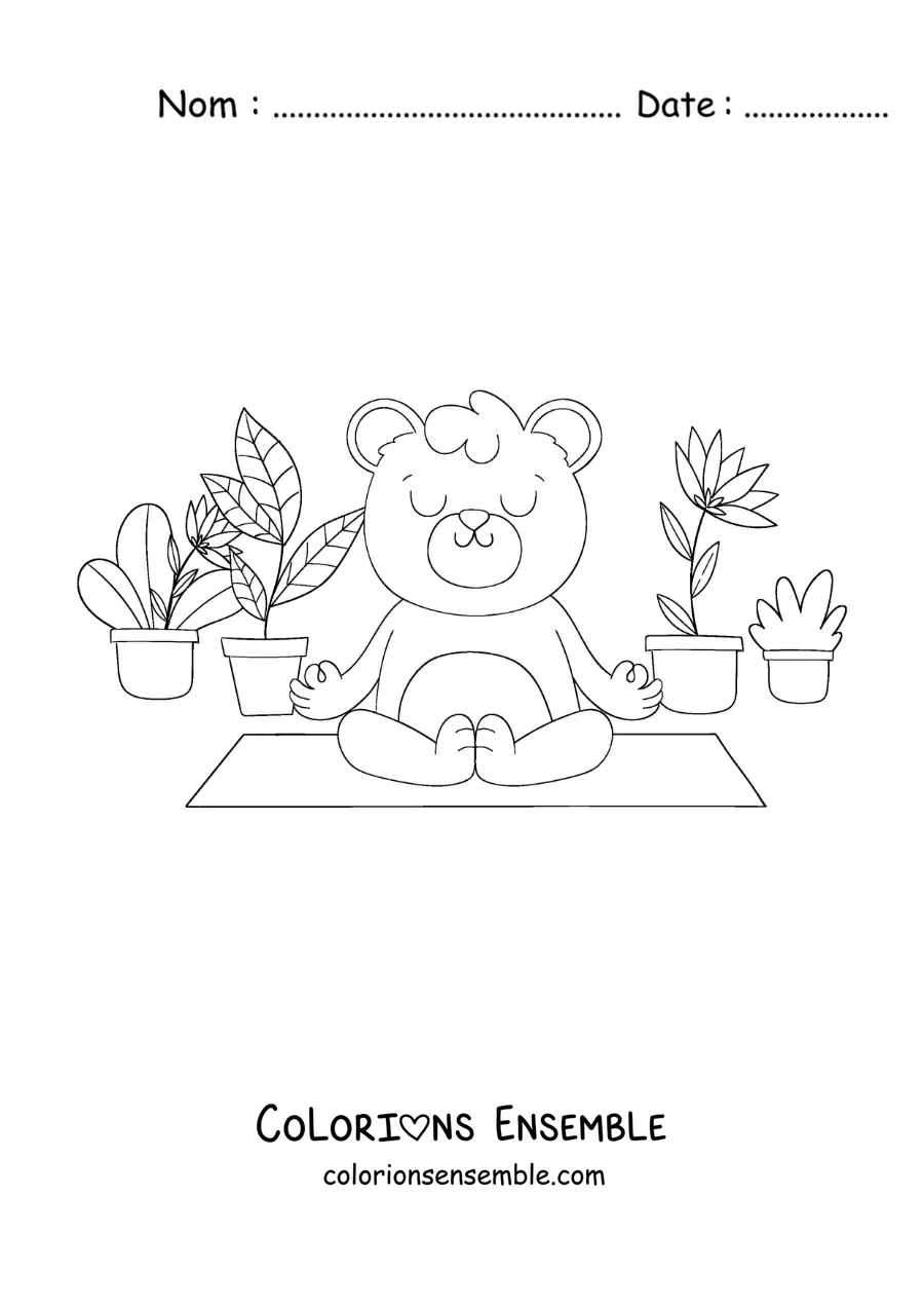 Image à colorier d’un ours animé méditant entouré de plantes