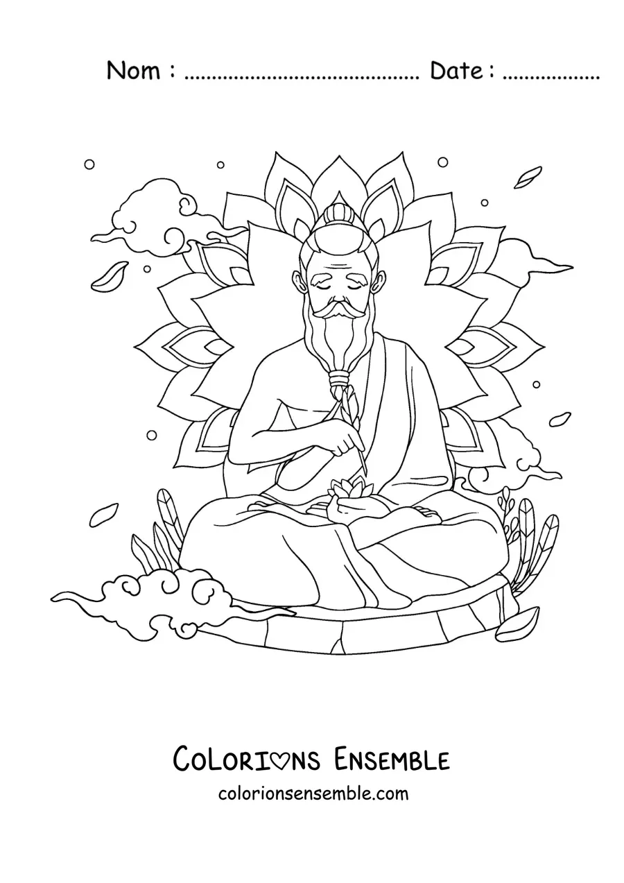 Image à colorier d’un gourou méditant avec un mandala en arrière-plan