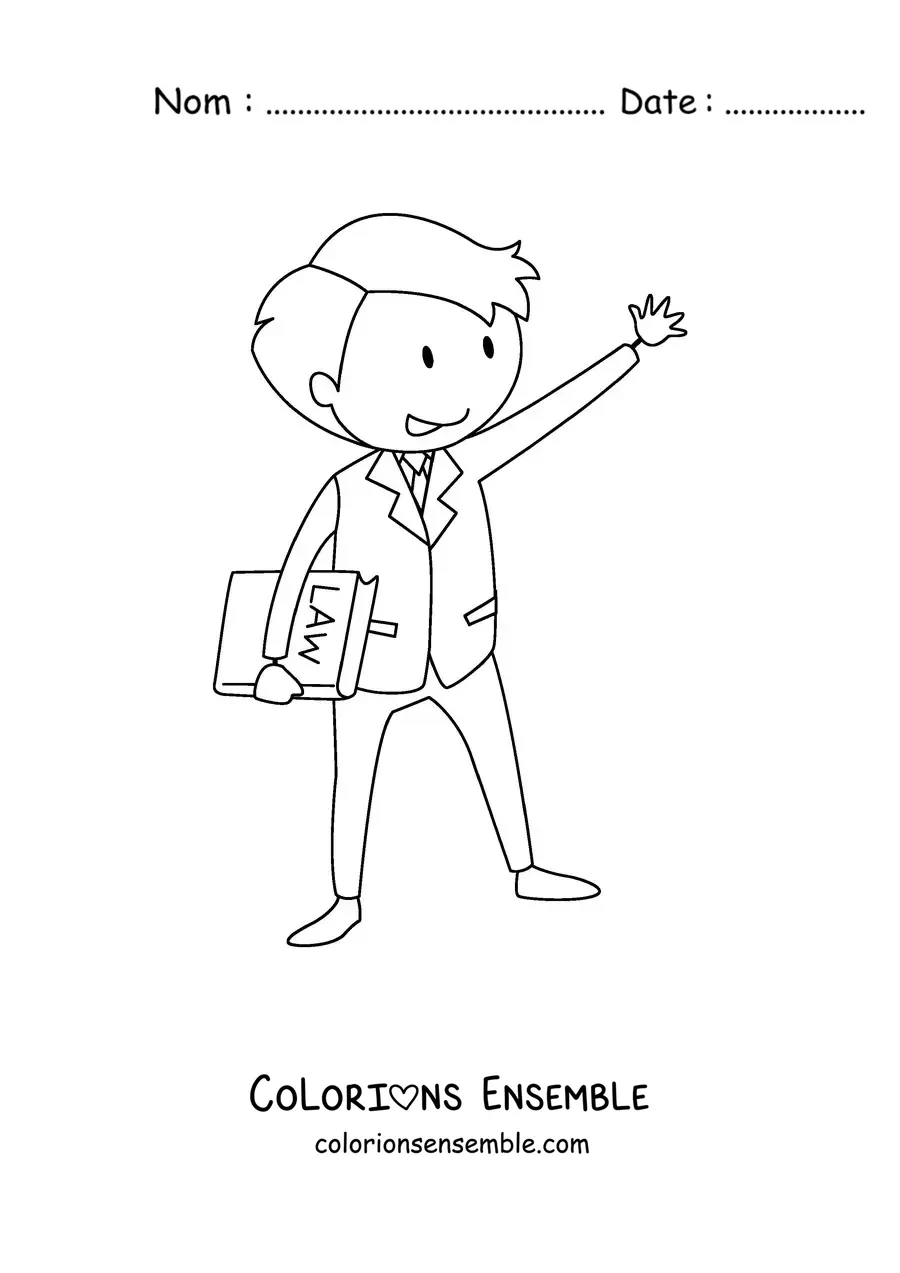 Image à colorier d'un avocat animé tenant le code de lois