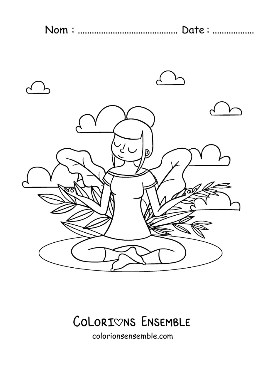 Image à colorier d’une fille méditant dans le parc