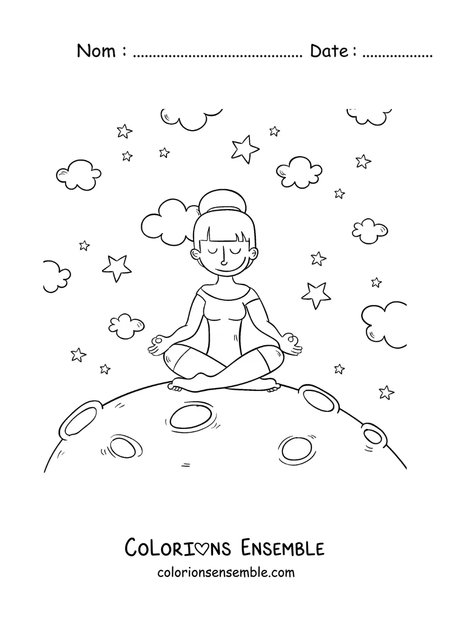 Image à colorier d’une fille méditant sur la Lune
