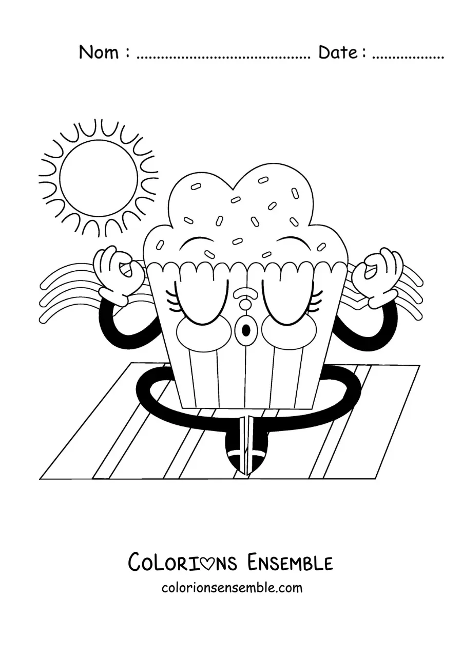 Image à colorier d’un dessin d’un cupcake animé en train de méditer