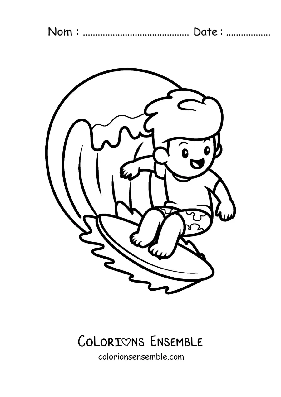 Image à colorier d’un garçon animé surfant une vague