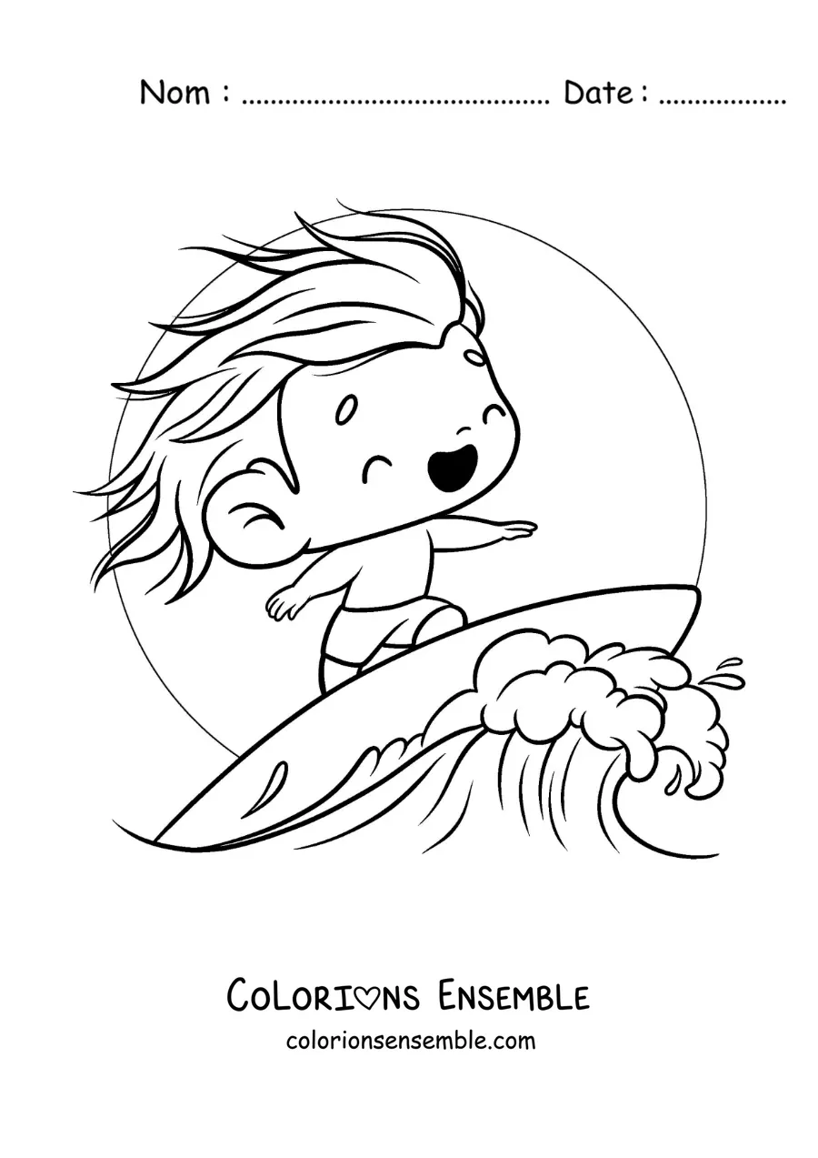 Image à colorier d’un garçon kawaii surfant une vague