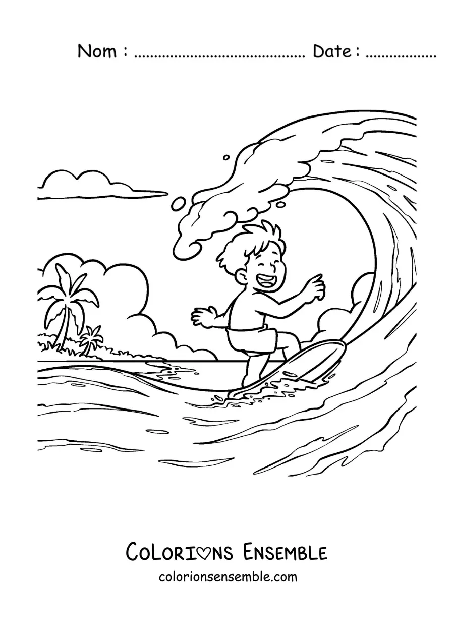 Image à colorier d’un garçon surfant à la plage