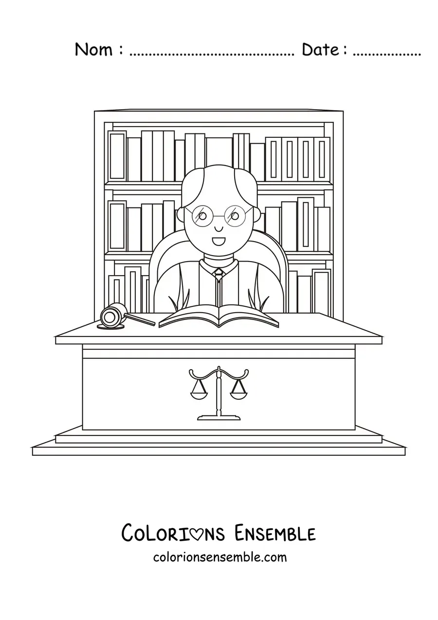Image à colorier d'un avocat avec un maillet à son bureau