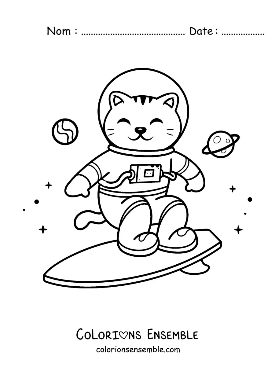 Image à colorier d’un chat astronaute animé surfant dans l’espace
