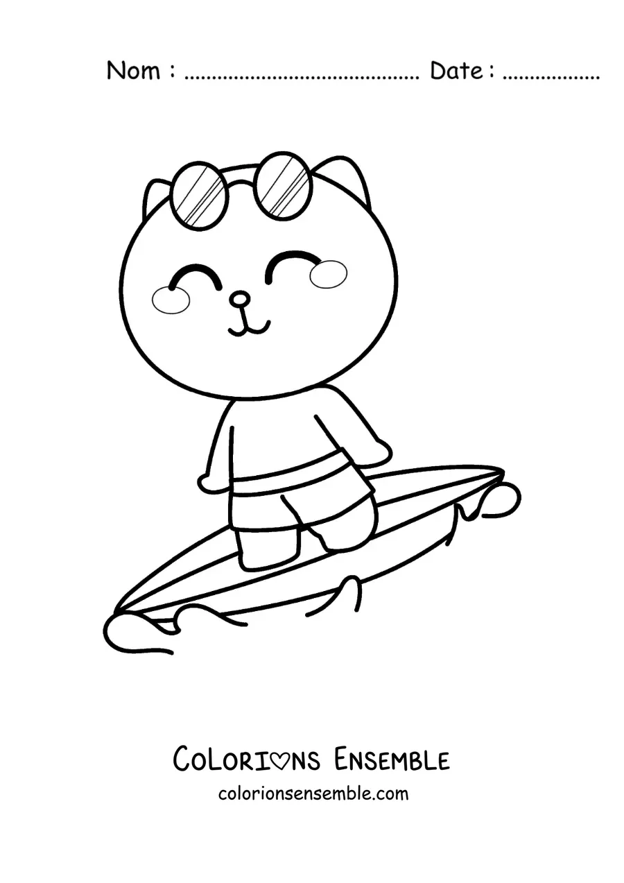 Image à colorier d’un chat animé surfant avec des lunettes