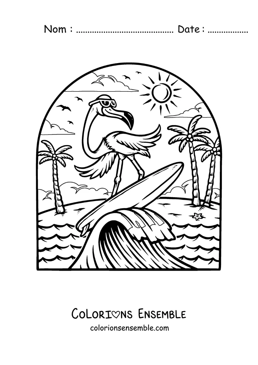 Image à colorier d’un flamant rose animé surfant à la plage