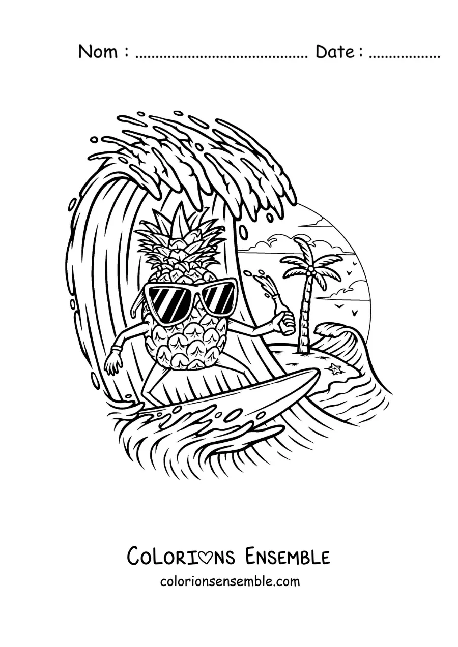 Image à colorier d’un ananas animé surfant à la plage
