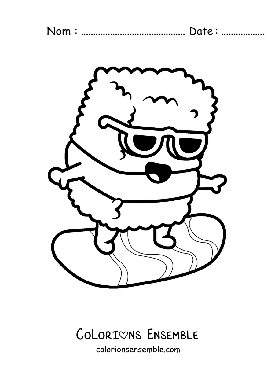 Image à colorier d’un rouleau de sushi animé surfant à la plage