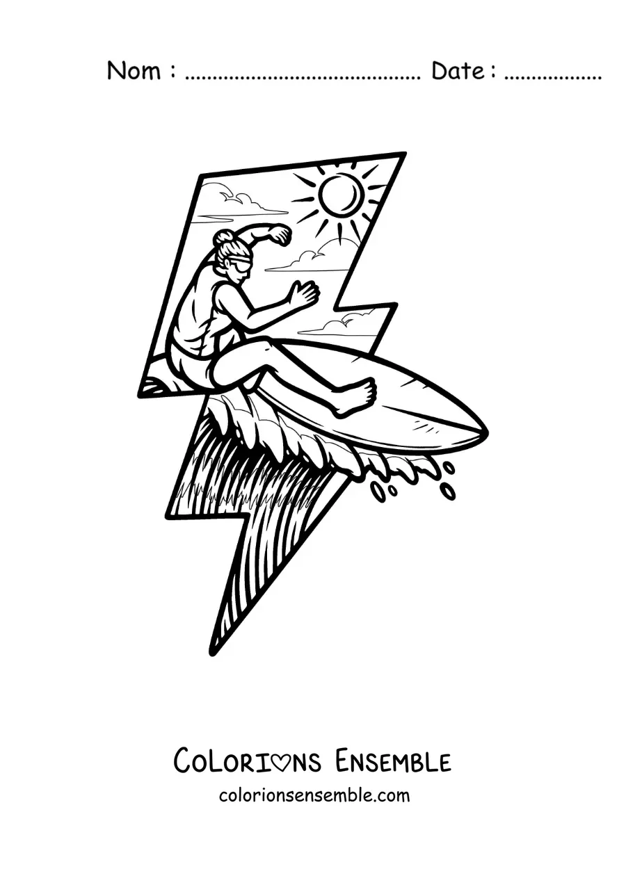 Image à colorier d’une fille surfant à la plage sur un rayon de lumière