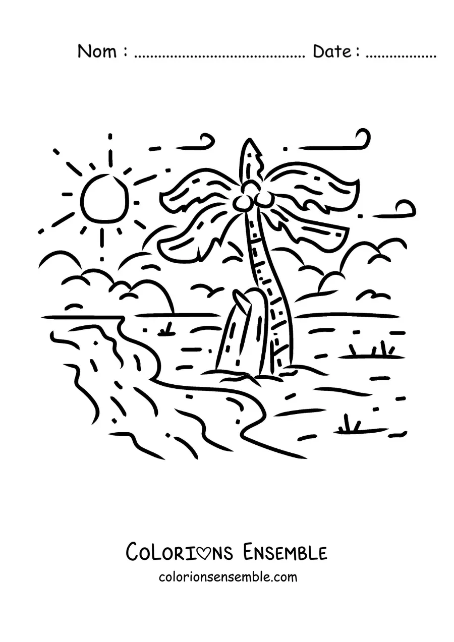Image à colorier d’une planche de surf sur le sable à la plage